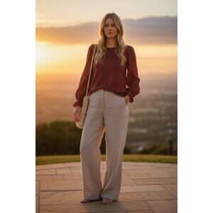 Texture & Thread Madewell Eyelet Lace Mix Ruffle Sleeve Top Sz S Dusty Burgundy